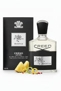 Creed Aventus perfume bottle and packaging on a white background