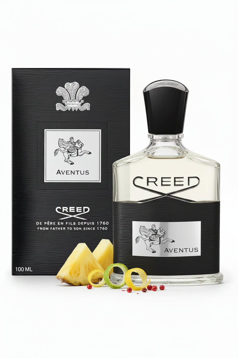Creed Aventus perfume bottle and packaging on a white background