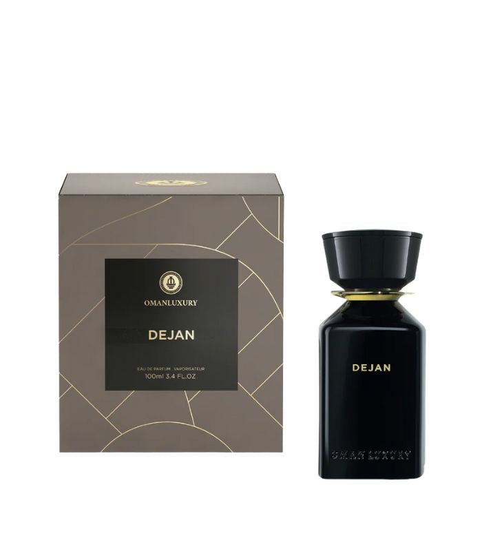Black perfume bottle and packaging with 'DEJAN' branding on a white background