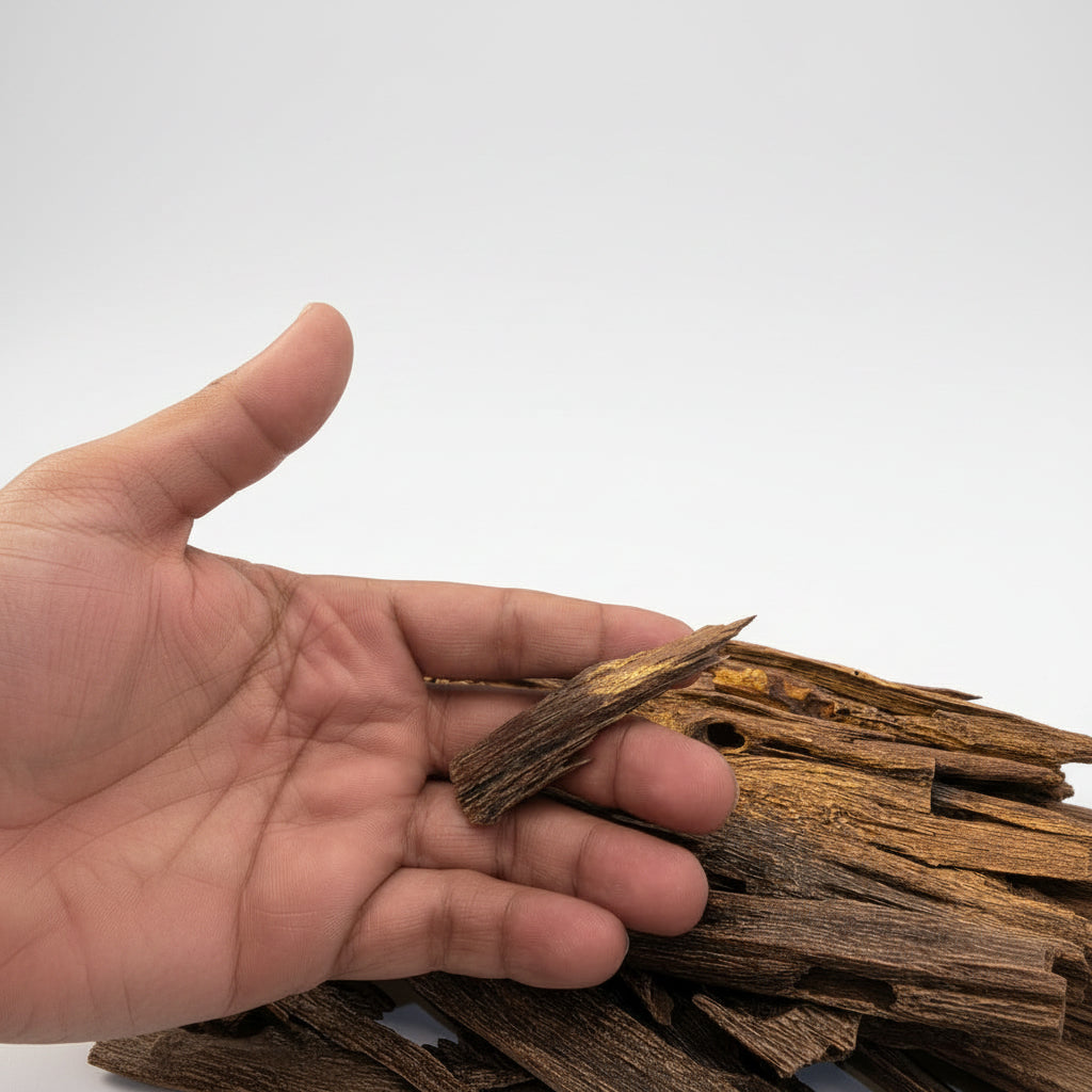 Hand holding a piece of wood against a plain background