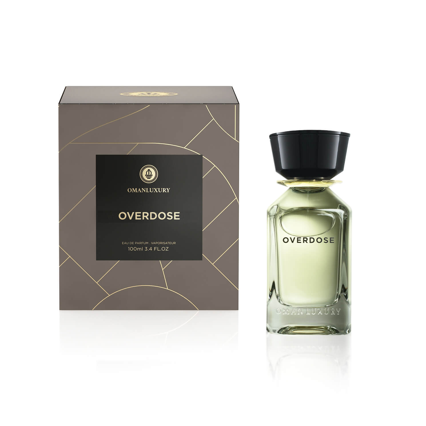 Perfume bottle and packaging of 'Overdose' by Oman Luxury on a white background